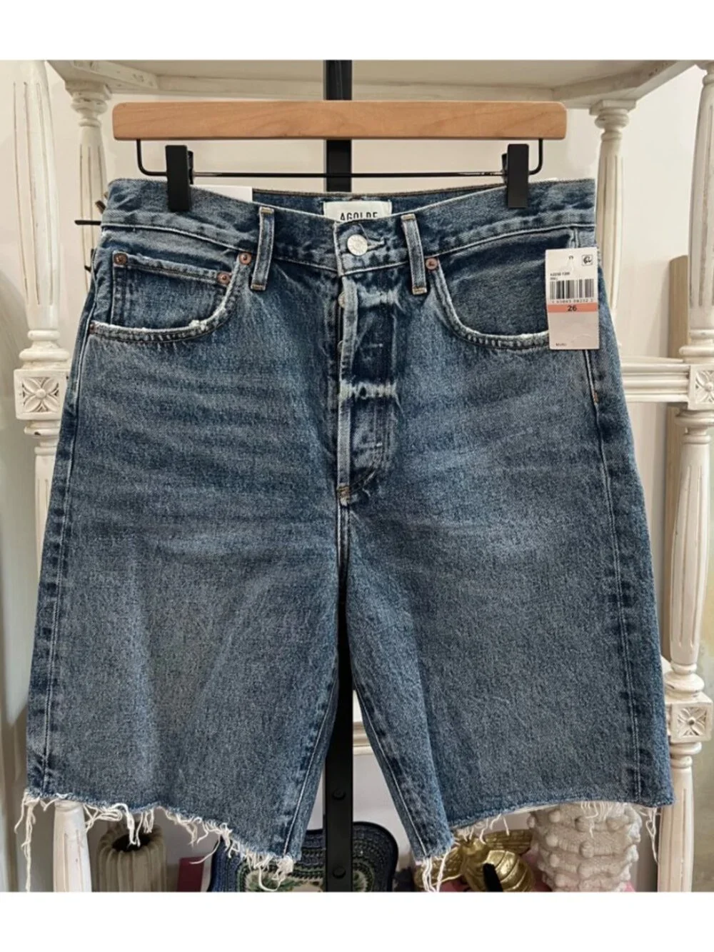 AGOLDE 90's Raw-Cut Edge Long Denim Shorts Size 26 Ruin Blue Bermuda